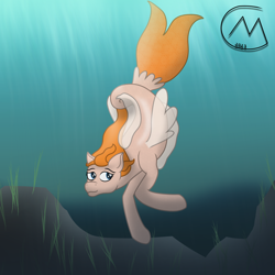 Size: 3200x3200 | Tagged: safe, artist:maître cervidé, oc, oc:swan aurora, seapony (g4), crepuscular rays, digital art, dorsal fin, female, fin, fin wings, fins, fish tail, flowing hair, flowing mane, flowing tail, high res, ocean, request, seaweed, solo, sunlight, swimming, tail, underwater, water, wings