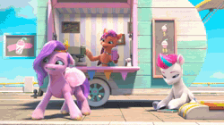 Size: 1920x1078 | Tagged: safe, screencap, pipp petals, sunny starscout, zipp storm, earth pony, pegasus, pony, g5, my little pony: make your mark, my little pony: make your mark chapter 4, the jinxie games, spoiler:g5, spoiler:my little pony: make your mark, spoiler:my little pony: make your mark chapter 4, spoiler:mymc04e03, animated, cart, chalkboard, cup, drink, drinking, drinking straw, female, mare, outdoors, pipp is short, pipp is smol, plastic, smol, smoothie, sound, street, webm