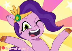 Size: 2794x2000 | Tagged: safe, artist:frownfactory, pipp petals, pegasus, pony, g5, my little pony: tell your tale, adorapipp, cute, female, happy, high res, jewelry, looking at you, mare, one eye closed, open mouth, open smile, smiling, smiling at you, solo, stars, sunburst background, ta-da!, tiara, vector, wink