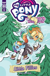 Size: 2063x3131 | Tagged: safe, artist:rose bousamra, idw, official comic, applejack, rainbow dash, earth pony, pegasus, pony, g4, my little pony classics reimagined: little fillies, official, spoiler:comic, applejack's hat, clothes, comic cover, cowboy hat, dress, hat, high res, ice, ice skates, ice skating, little women, my little pony logo, skates, skirt, snow, tree, winter