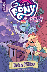 Size: 2063x3131 | Tagged: safe, artist:rose bousamra, idw, official comic, applejack, rainbow dash, earth pony, pegasus, pony, g4, my little pony classics reimagined: little fillies, official, spoiler:comic, balcony, bow, bricks, chimney, clothes, cloud, comic, comic cover, cover, cover art, dress, female, hat, high res, hill, house, houses, implied appledash, implied lesbian, implied shipping, leaf, little women, moon, my little pony logo, night, pine tree, shoes, smoke, stars, tree