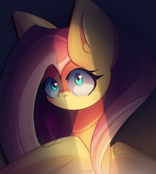 Size: 2150x2400 | Tagged: safe, artist:miryelis, fluttershy, pegasus, pony, g4, big ears, female, heart, heart eyes, high res, light, long hair, looking at you, mare, serious, signature, solo, spread wings, wingding eyes, wings