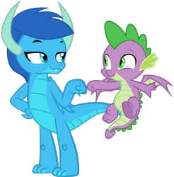 Size: 3279x3332 | Tagged: safe, artist:php170, spike, oc, oc:frosty, oc:frosty the dragon, dragon, g4, brothers, claws, dragon oc, duo, duo male, hair, high res, horn, ice dragon, male, non-pony oc, recolor, siblings, simple background, smiling, tail, teenaged dragon, teenager, transparent background, vector, winged spike, wings