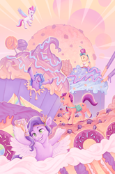 Size: 1976x3000 | Tagged: safe, artist:natalie haines, idw, official comic, hitch trailblazer, izzy moonbow, pipp petals, sunny starscout, zipp storm, earth pony, pegasus, pony, unicorn, g5, official, spoiler:comic, spoiler:g5, spoiler:g5comic, spoiler:g5comic13, abstract background, candy, cellphone, comic cover, cupcake, donut, female, food, giant food, high res, lollipop, male, mane five, mane stripe sunny, mare, phone, selfie, smartphone, stallion, textless