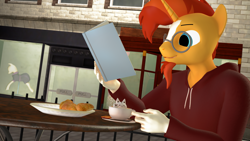 Size: 1920x1080 | Tagged: safe, artist:rexyvexi, sunburst, unicorn, anthro, g4, 3d, book, bread, coffee, croissant, food, glasses, source filmmaker