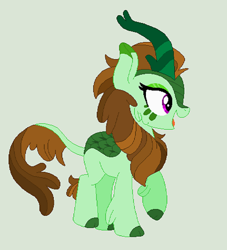 Size: 426x470 | Tagged: artist needed, source needed, safe, oc, oc only, oc:emerald everglade, kirin, cloven hooves, female, green background, simple background, solo