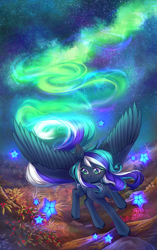 Size: 2163x3446 | Tagged: safe, artist:youthful_road, oc, oc only, oc:flaming dune, pegasus, pony, berry, commission, eyeshadow, female, food, full body, grass, green eyes, high res, looking at something, makeup, mare, multicolored mane, multicolored tail, night, night sky, pegasus oc, running, scenery, shooting star, sky, sky background, solo, spread wings, stars, tail, wallpaper, wings