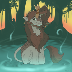 Size: 5000x5000 | Tagged: safe, artist:neoncel, oc, oc:polder everglade, kirin, pony, beard, chest fluff, ear fluff, facial hair, horn, kirin oc, magical, male, pond, ripple, smiling, solo, sunset, swamp, water