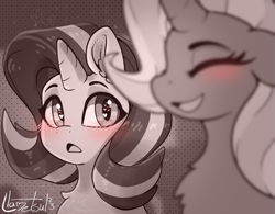 Size: 1087x846 | Tagged: safe, artist:llametsul, starlight glimmer, trixie, pony, unicorn, g4, atg 2023, blurry foreground, blushing, cute, depth of field, female, heart, heart eyes, heartbeat, lesbian, looking at someone, monochrome, newbie artist training grounds, open mouth, ship:startrix, shipping, signature, smiling, wingding eyes