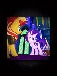 Size: 576x768 | Tagged: safe, edit, edited screencap, screencap, starlight glimmer, sunset shimmer, human, pony, unicorn, equestria girls, equestria girls specials, g4, mirror magic, animated, bag, beanie, book, canterlot high, canterlot mall, clothes, duo, duo female, eyes closed, female, food, geode of empathy, hat, hug, ice cream, ice cream cone, jacket, jewelry, leather, leather jacket, library, magical geodes, necklace, open mouth, open smile, saddle bag, smiling, sound, text, that human sure does love ice cream, that pony sure does love ice cream, tiktok, twilight's castle, twilight's castle library, webm