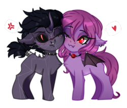 Size: 627x532 | Tagged: safe, artist:munrei, oc, oc only, oc:kuroran, oc:purple fullmoon, bat pony, original species, ballgag, chibi, collar, cute, ear piercing, gag, horn, nose piercing, oc x oc, piercing, scar, shipping, simple background, transparent background, wings