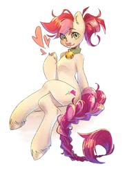 Size: 2048x2834 | Tagged: safe, artist:draco zero, roseluck, earth pony, pony, semi-anthro, g4, alternate hairstyle, arm hooves, bell, bell collar, braid, braided tail, collar, commission, commissioner:doom9454, crossed legs, cute, high res, pony pet, ponytail, rosepet, simple background, sitting, solo, tail, white background