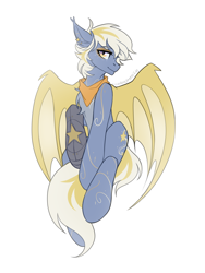 Size: 3000x4000 | Tagged: safe, artist:chamommile, oc, oc only, oc:korziera, demon, demon pony, pegasus, pony, amputee, blue skin, chest fluff, commission, demon wings, ear fluff, ear piercing, ears up, female, full body, looking at you, pegasus oc, piercing, prosthetic leg, prosthetic limb, prosthetics, simple background, sketch, solo, white background, wings, yellow eyes, yellow hair