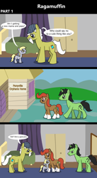Size: 1920x3516 | Tagged: safe, artist:platinumdrop, derpy hooves, oc, oc:anon, oc:anon stallion, earth pony, pegasus, pony, unicorn, comic:ragamuffin, g4, 3 panel comic, awkward, bed, bedroom, blank flank, blanket, building, clothes, comic, commission, cringing, curtains, dialogue, disappointed, doorway, dresser, elderly, excited, facial hair, female, filly, filly derpy, filly derpy hooves, foal, frown, furniture, goatee, grass, hat, looking at each other, looking at someone, male, mare, married couple, nuzzling, orphan, orphanage, path, playful, ponyville, ragamuffin, room, sign, smiling, speech bubble, spread wings, stallion, talking, tongue out, walking, wings, younger
