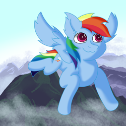 Size: 2048x2048 | Tagged: safe, artist:zugatti69, rainbow dash, pegasus, pony, g4, complex background, flying, high res, shading, smiling, solo, spread wings, wings