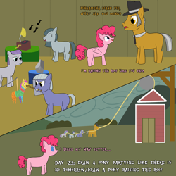 Size: 4000x4000 | Tagged: safe, artist:khazard, igneous rock pie, limestone pie, marble pie, maud pie, pinkie pie, bat, earth pony, pony, g4, absurd resolution, atg 2023, barn, female, filly, foal, hat, necktie, newbie artist training grounds, party, phonograph, pie family, piñata, rock, rock farm, rope