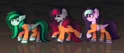 Size: 5500x2372 | Tagged: safe, artist:madelinne, oc, oc only, oc:eden shallowleaf, oc:galactic lights, oc:madelinne, earth pony, pegasus, pony, bound wings, chained, chains, clothes, female, jumpsuit, mare, pegasus oc, prison, prison outfit, reflection, trio, wings