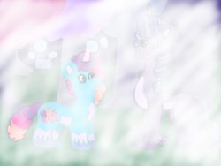 Size: 1000x750 | Tagged: safe, artist:mintwhistle, misty brightdawn, oc, unnamed oc, classical unicorn, pony, unicorn, g5, atg 2023, bridlewood, cloven hooves, coat markings, creature, duo, duo female, female, fog, forest, freckles, frown, gradient mane, gradient tail, horn, leonine tail, mare, medibang paint, mushroom, newbie artist training grounds, open mouth, pale belly, rebirth misty, socks (coat markings), tail, tree, unicorn oc, unshorn fetlocks