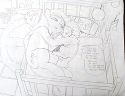 Size: 1920x1464 | Tagged: safe, artist:jeremy3, sunshower raindrops, earth pony, pegasus, pony, comic:behind me, g4, baby, bedroom eyes, female, foal, monochrome, mother and child, mother and daughter, traditional art
