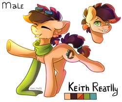 Size: 2190x1824 | Tagged: safe, artist:yuris, oc, oc only, oc:keith reatlly, earth pony, pony, clothes, ears up, eyes closed, frog (hoof), goggles, male, reference, reference sheet, scarf, simple background, smiling, solo, underhoof, white background