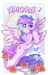 Size: 2232x3500 | Tagged: safe, artist:dandy, oc, oc only, oc:amora jayflight, pegasus, pony, abstract background, artfight, blushing, ear fluff, eyeshadow, female, flower, flying, heart, high res, lily (flower), looking at you, makeup, modern art, nouveau, pale belly, pegasus oc, scar, shiny mane, solo, text, water, waterfall