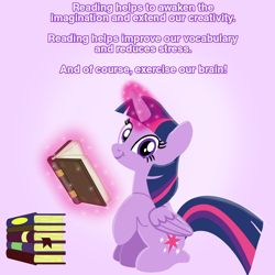 Size: 1400x1400 | Tagged: safe, artist:mlplary6, twilight sparkle, alicorn, pony, g4, book, female, gradient background, light purple background, looking at you, magic, magic aura, mare, sitting, smiling, smiling at you, text, twilight sparkle (alicorn)