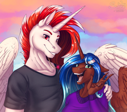Size: 1600x1414 | Tagged: safe, artist:sunny way, oc, oc only, oc:aine aisling, oc:ryoku memori, alicorn, anthro, alicorn oc, bust, commission, cute, digital art, duo, evening, female, finished commission, friends, happy, horn, hug, male, mare, open mouth, portrait, smiling, stallion, sunset, wings