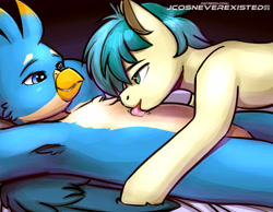 Size: 4093x3169 | Tagged: safe, artist:jcosneverexisted, gallus, sandbar, earth pony, griffon, pony, g4, adorasexy, armpits, bed, chest fluff, cuddling, cute, drool, featureless crotch, gallabetes, gay, interspecies, licking, looking at each other, looking at someone, lying, male, relaxing, romantic, sandabetes, sexy, ship:gallbar, shipping, stupid sexy gallus, stupid sexy sandbar, tongue out