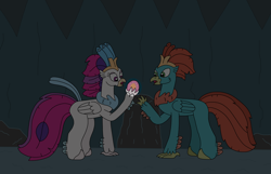 Size: 3136x2022 | Tagged: safe, artist:supahdonarudo, queen novo, oc, oc:king waverider, classical hippogriff, hippogriff, g4, my little pony: the movie, atg 2023, cave, glowing, high res, holding, newbie artist training grounds, pearl, pearl of transformation, queen novo's orb, surprised