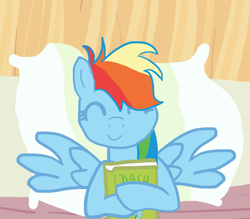 Size: 2031x1777 | Tagged: safe, artist:wissle, rainbow dash, pegasus, pony, g4, read it and weep, atg 2023, bed, book, cute, dashabetes, eyes closed, female, happy, hug, lying down, mare, newbie artist training grounds, pillow, reading, reading rainbow, smiling, solo