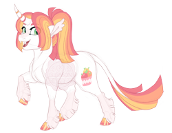 Size: 3500x2700 | Tagged: safe, artist:gigason, oc, oc only, oc:sunrise sherbet, pony, unicorn, fangs, female, high res, leonine tail, looking at you, magical lesbian spawn, mare, obtrusive watermark, offspring, open mouth, open smile, parent:fire flare, parent:oc:pineberry, parents:canon x oc, simple background, smiling, smiling at you, solo, tail, transparent background, watermark