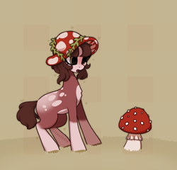 Size: 1950x1870 | Tagged: dead source, safe, artist:_alixxie_, oc, oc only, earth pony, pony, female, hat, mare, mushroom, mushroom hat, simple background, solo, toadstool