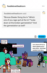 Size: 1168x1812 | Tagged: safe, artist:ask-luciavampire, oc, oc:bronze steeler, bat pony, earth pony, pony, unicorn, ask, game, tumblr, tumblr:ask-the-sun-and-moon-gamers