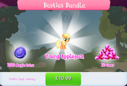 Size: 1268x860 | Tagged: safe, gameloft, applejack, earth pony, pony, g4, my little pony: magic princess, besties bundle, bundle, costs real money, english, female, filly, filly applejack, foal, freckles, gem, magic coins, mare, mobile game, numbers, sale, solo, text, younger, £