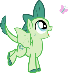 Size: 1477x1570 | Tagged: safe, artist:mishti14, oc, oc only, oc:turquoise blitz, butterfly, dracony, hybrid, kilalaverse, colt, foal, interspecies offspring, looking up, male, offspring, open mouth, open smile, parent:rarity, parent:spike, parents:sparity, simple background, smiling, solo, transparent background