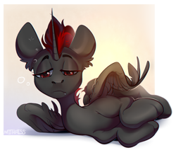 Size: 1584x1385 | Tagged: safe, artist:mithriss, oc, oc only, alicorn, pony, ear fluff, looking at you, lying down, male, sad, simple background, solo, stallion, sunlight