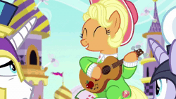 Size: 1280x720 | Tagged: safe, ai assisted, ai content, screencap, applejack, shining armor, pony, unicorn, g4, sparkle's seven, ai cover, animated, apple chord, cute, female, guardsmare, guitar, hat, jackabetes, male, mare, musical instrument, royal guard, rvc, song, sound, stallion, unicorn royal guard, webm