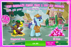 Size: 1958x1297 | Tagged: safe, gameloft, deep clean, earth pony, pony, g4, my little pony: magic princess, advertisement, bush, clothes, costs real money, english, gem, hat, introduction card, male, mobile game, numbers, sale, slide, solo, stallion, text, tree
