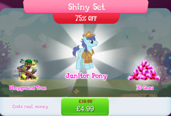 Size: 1269x858 | Tagged: safe, gameloft, deep clean, earth pony, pony, g4, my little pony: magic princess, bundle, bush, clothes, costs real money, english, gem, hat, janitor, male, mobile game, numbers, palindrome get, sale, shiny set, slide, solo, stallion, text, tree, £