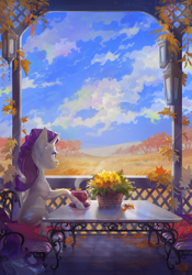 Size: 2067x2953 | Tagged: safe, artist:natanatfan, rarity, pony, unicorn, g4, autumn, chair, cup, female, high res, mare, potted plant, scenery, sitting, solo