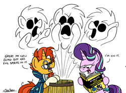 Size: 2384x1758 | Tagged: safe, artist:bobthedalek, starlight glimmer, sunburst, twilight sparkle, ghost, ghost pony, pony, undead, unicorn, g4, atg 2023, barrel, blaze (coat marking), book, cloak, clothes, coat markings, facial markings, female, for dummies, glasses, male, mare, newbie artist training grounds, open mouth, reading, simple background, socks (coat markings), spirit, stallion, starlight glimmer is not amused, sunburst is not amused, sunburst's cloak, sunburst's glasses, this will end in exorcism, this will end in haunting, this will not end well, unamused, white background