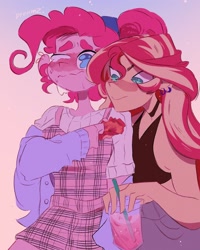 Size: 1440x1800 | Tagged: safe, artist:dreamz, part of a set, pinkie pie, sunset shimmer, human, g4, chicken meat, chicken wing, drink, duo, ear piercing, food, gradient background, humanized, meat, piercing