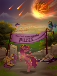 Size: 1280x1707 | Tagged: safe, artist:zetamad, fluttershy, pinkie pie, rainbow dash, rarity, twilight sparkle, alicorn, earth pony, pegasus, pony, unicorn, g4, asteroid, atg 2023, banner, dark comedy, end of the world, family guy death pose, female, flying, holding head, imminent death, leg band, lying down, mare, meteor, moments before disaster, newbie artist training grounds, one of these things is not like the others, party, party horn, pinkie being pinkie, scared, spread wings, this will end in death, twilight sparkle (alicorn), wings, xk-class end-of-the-world scenario