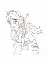 Size: 1275x1650 | Tagged: safe, artist:artevi, pony, unicorn, ciri, clothes, female, mare, pencil drawing, ponified, solo, sword, traditional art, video game, weapon, witcher