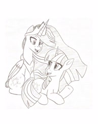 Size: 1275x1650 | Tagged: safe, artist:artevi, twilight sparkle, alicorn, pony, unicorn, g4, crown, duo, jewelry, older, older twilight, pencil drawing, regalia, traditional art, twilight sparkle (alicorn), unicorn twilight