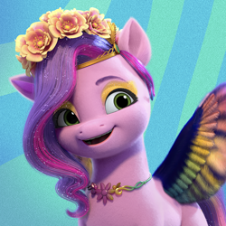 Size: 1024x1024 | Tagged: safe, gameloft, pipp petals, pegasus, pony, bridlewoodstock (make your mark), g5, my little pony: make your mark, my little pony: make your mark chapter 4, my little pony: mane merge, official, spoiler:g5, spoiler:my little pony: make your mark, spoiler:my little pony: make your mark chapter 4, spoiler:mymc04e01, abstract background, app icon, bridlewoodstock, female, floral head wreath, flower, jewelry, mare, necklace, solo