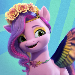 Size: 1024x1024 | Tagged: safe, gameloft, pipp petals, pegasus, pony, bridlewoodstock (make your mark), g5, my little pony: make your mark, my little pony: make your mark chapter 4, my little pony: mane merge, official, spoiler:g5, abstract background, app icon, bridlewoodstock, female, floral head wreath, flower, jewelry, mare, necklace, solo