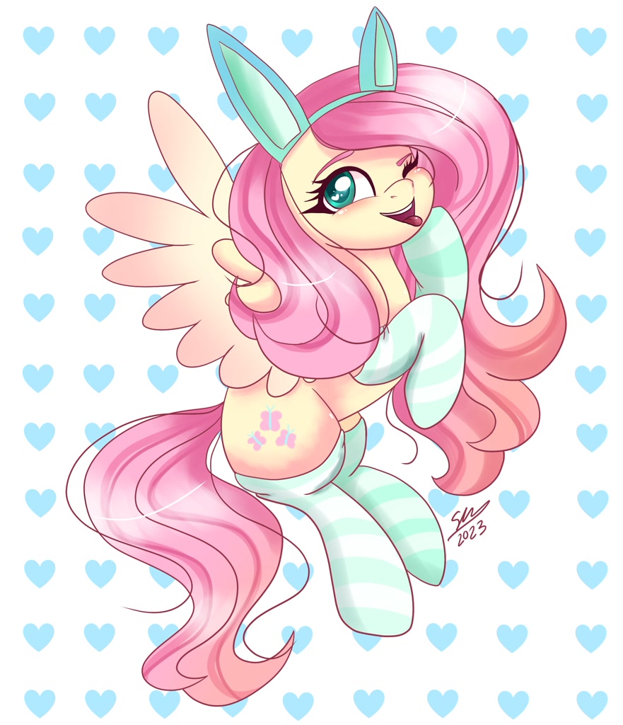 [bunny ears,clothes,cute,fluttershy,heart,looking at you,open mouth,pegasus,pony,safe,socks,solo,wink,tongue out,one eye closed,shyabetes,striped socks,heart background,smiling,;p,open smile,winking at you,artist:galaxy swirl]