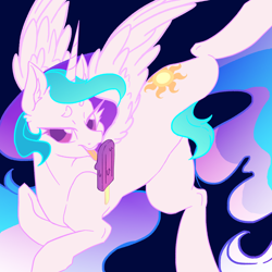 Size: 2000x2000 | Tagged: safe, artist:dankpegasista, derpibooru exclusive, princess celestia, alicorn, pony, g4, butt, colored, colored eyelashes, colored lineart, colored pupils, ear fluff, ethereal mane, ethereal tail, eyebrows, eyelashes, feathered wings, female, flank, flat colors, food, high res, horn, ice cream, large wings, licking, long eyelashes, long hair, long horn, looking at you, lying down, mare, melting, mlem, popsicle, prone, raised leg, silly, simple background, smiling, smiling at you, solo, spread legs, spread wings, spreading, sternocleidomastoid, sunbutt, tail, teeth, tongue out, wings, wip