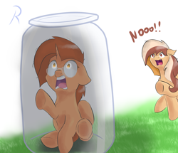 Size: 3580x3080 | Tagged: safe, artist:reinbou, oc, oc only, oc:delicatezza, oc:sweet cinnamon, bat pony, pony, unicorn, duo, duo female, female, glasses, high res, jar, not sunburst, pony in a bottle, scared, screaming, text